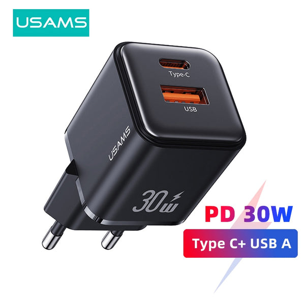 USAMS Dual USB Fast Charger 30W Type C PD Quick Charge 3.0 Phone Charger for iPhone 15 14 13 12 Pro Max Xiaomi Samsung Tablets