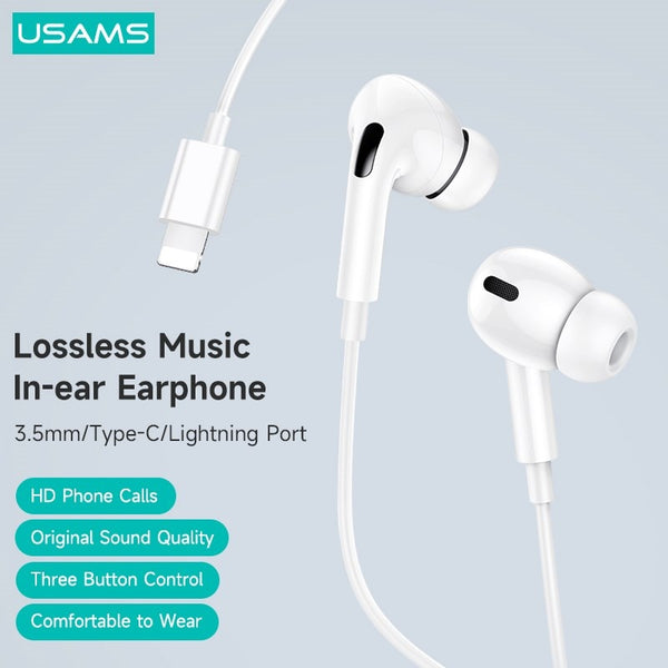 USAMS EP-41 Stereo Lightning Wired Earphone For iPhone iPad 3.5mm Type C HiFi Deep Bass Earbuds For Samsung Huawei Samsung Xiaomi MP3