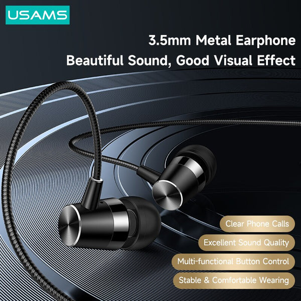 USAMS EP-42 3.5mm In Ear Metal Earphone HiFi Stereo Earbuds Button Control Headset For iPhone Android Samsung Xiaomi Huawei Tablet Laptop MP3