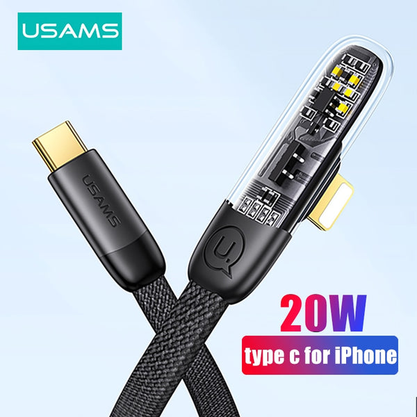USAMS Elbow Game USB C Cable 20W For iiPhone 11 12 13 14 Pro X XR XS Max 14Plus SE 2 7 8 Plus Type C PD 3.0 Fast Charging Cable USB-C Wire Cord for iPad