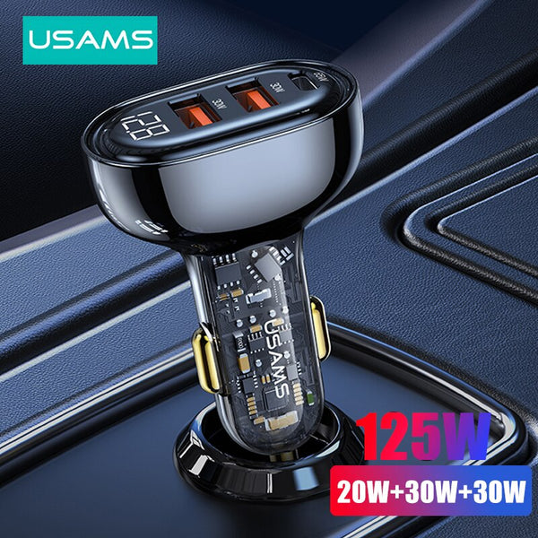 USAMS Fast Car Charger 125W/80W PD Quick Charge 3.0 Phone Charger For iPhone Xiaomi Poco Realme Samsung Transparent USB Car Charger