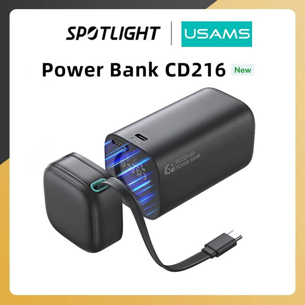 USAMS Magnetic Power Bank 45W Type C PD Fast Charge Powerbank 18000mAh with Retractable Cable External Portable Phone Charger