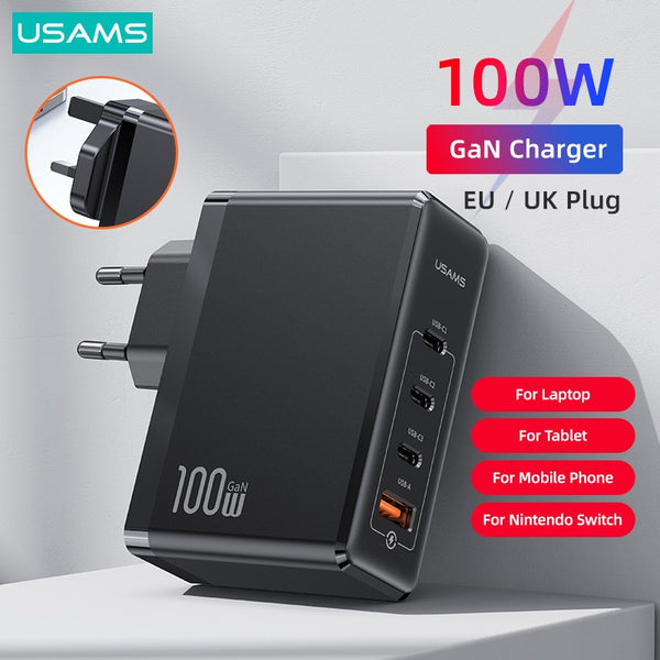 USAMS PD 100W GaN Charger EU UK Plug Quick Charger Portable Phone Charger For MacBook iPad Pro iPhone Android Laptop Tablet