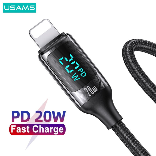 USAMS PD 20W Digital Display Cable For iPhone 14 Plus Pro Max Lightning Fast Charging Data Cable For 14 13 12 11 Mini Pro Max XS Xr
