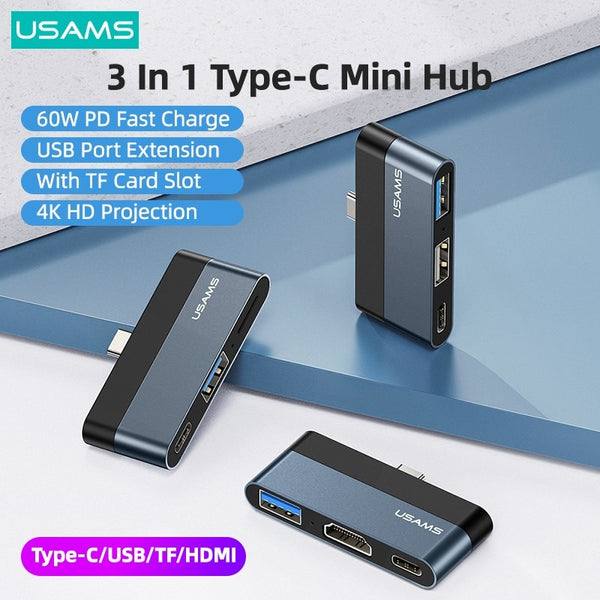 USAMS PD 60W Mini Hub Type C To USB 3.0 2.0 HDMI 1.4 TF Card USB Splitter Adapter USB Hub Expander For iPad Pro Laptop Phone PC