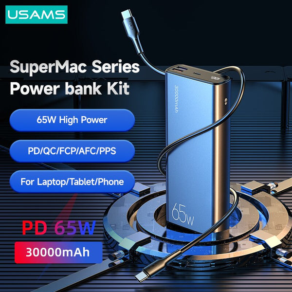 USAMS PD 65W Fast Charge Power Bank 30000mAh QC AFC FCP Portable Powerbank External Battery For Laptop iPhone iPad Samsung Xiaomi Huawei Phone