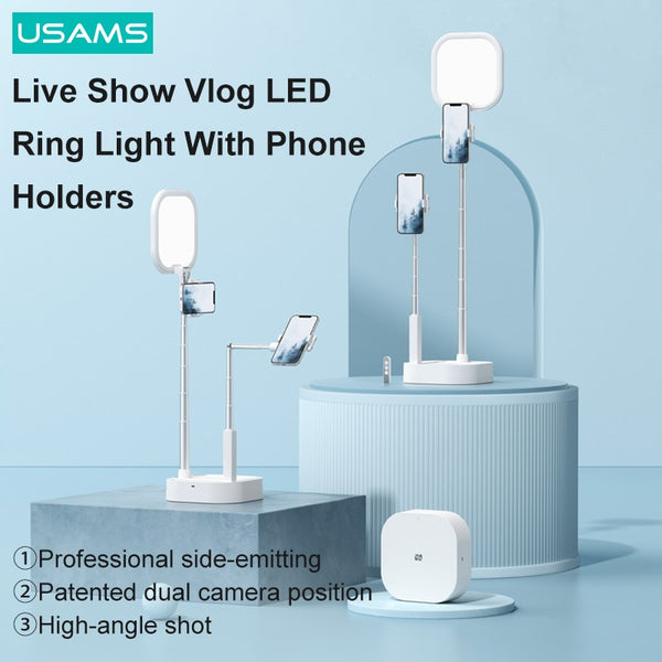 USAMS Portable Phone Holder Dimmable LED Ring Fill Light Stand With Wireless Remote Control For iPhone 14 13 12 11 Pro Max 14Plus Android