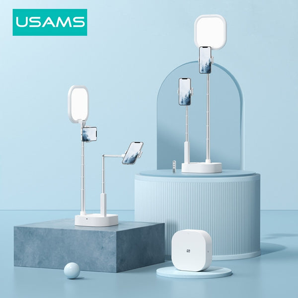 USAMS Portable Phone Holder Wireless Live Broadcast Stand Dimmable LED Video Fill Light With Remote Control For iPhone Android
