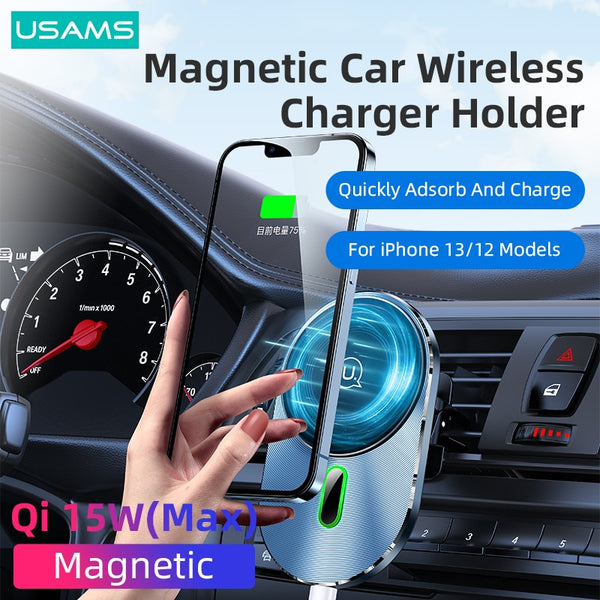 USAMS Qi 15W Magnetic Wireless Car Charger Phone Holder Universal Wireless Car Charger For iPhone 14 13 12 Pro Max Huawei Samsung Xiaomi