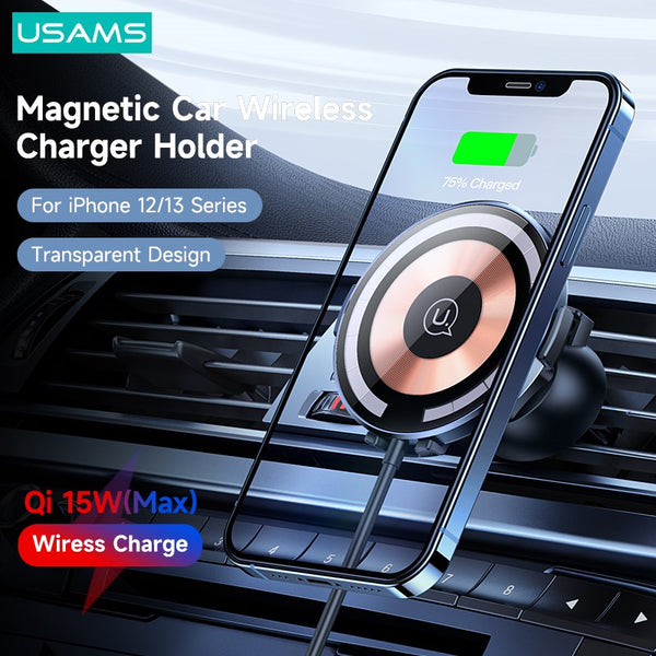 USAMS Qi 15W Transparent Magnetic Wireless Car Charger Holder With Magnetic Ring For iPhone 14 13 12  Samsung Xiaomi Huawei Android Stable Phone Stand