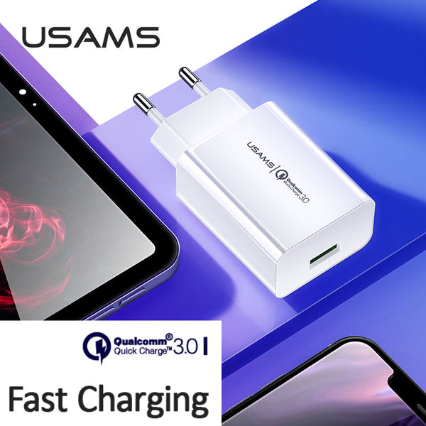 USAMS T22 18W QC 3.0 Travel Phone Charger EU Plug Quick Charge USB Charger For iPhone Huawei Samsung Xiaomi Redmi
