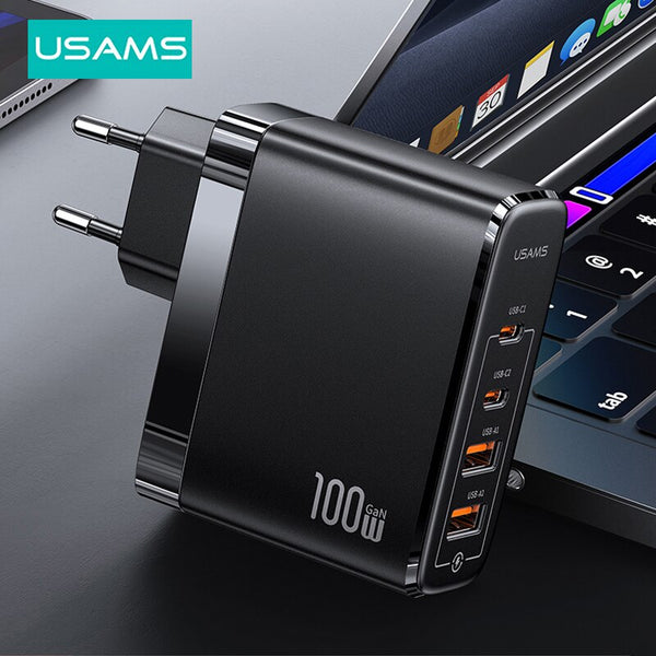 USAMS T44 100W 4 Ports GaN Fast Charging USB A C Power Adapter Phone Charger For iPhone iPad Huawei Xiaomi Samsung Oppo Vivo Tablet Laptop