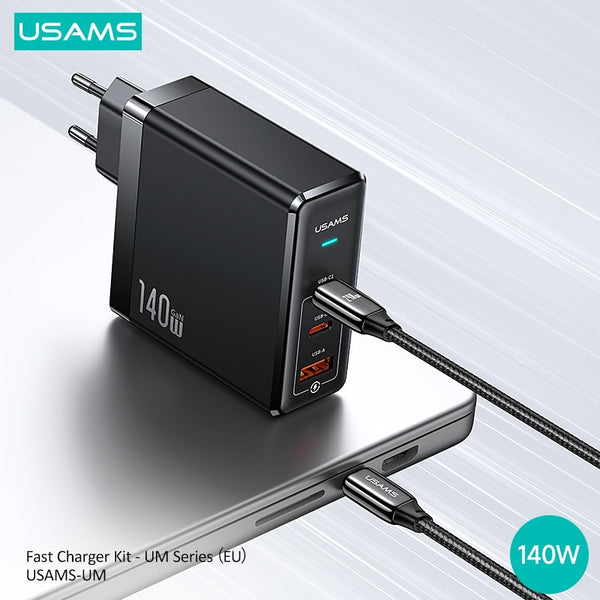 USAMS T52 140W Portable Phone Charger UK EU Plug Quick Charger GaN Fast Charger For MacBook iPhone iPad Samsung Huawei Xiaomi