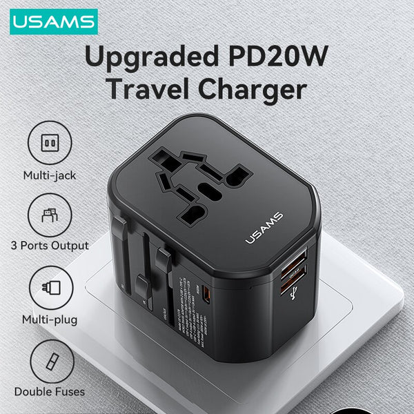 USAMS T59 Universal Travel Adapter Travel Charger Socket Converter 20W Dual USB Type-C Wall Charger For US EU UK AU