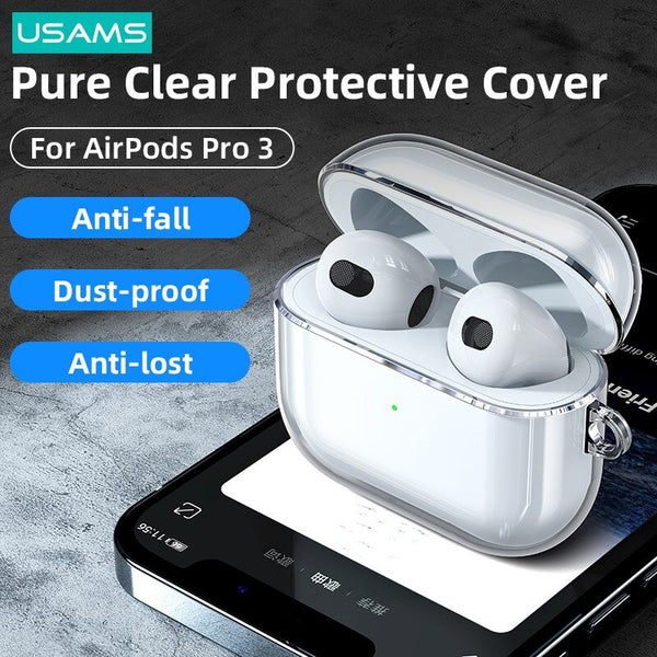 USAMS Transparent TPU Protective Earphone Cases For Apple AirPods 3 2021 Anti-fall Earbuds Case Cover With Anti-lost Hook