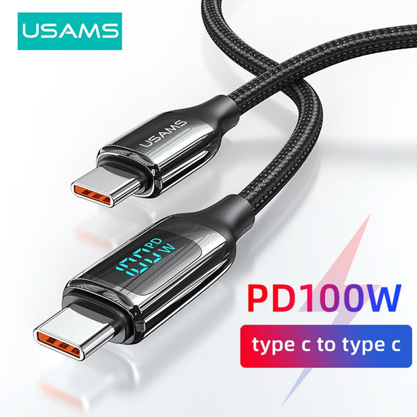 USAMS U78 100W LED Display Type C To Type C Cable PD Fast Charging Charger USB C to USB C Cable for Macbook iPad Samsung Xiaomi POCO Realme