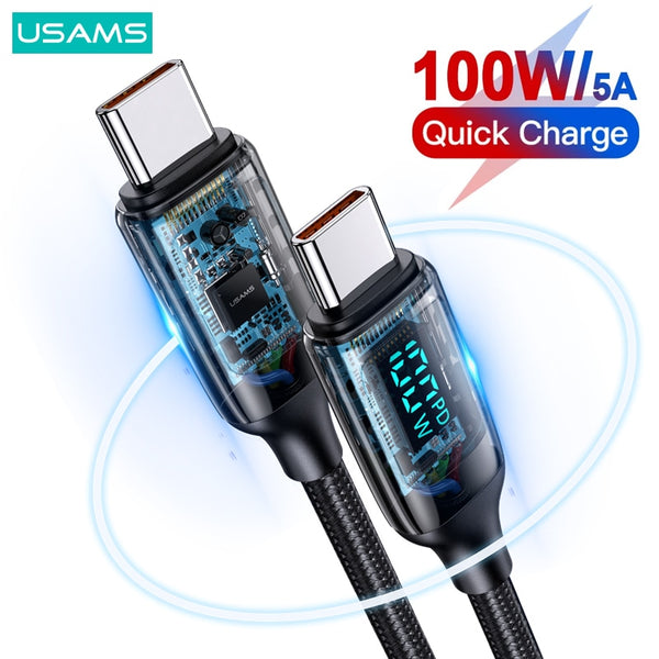 USAMS U78 PD 100W Digital Display Fast Charging Data Cable For Macbook iPad Air Pro Type C Cable For Samsung Huawei Xiaomi OPPO