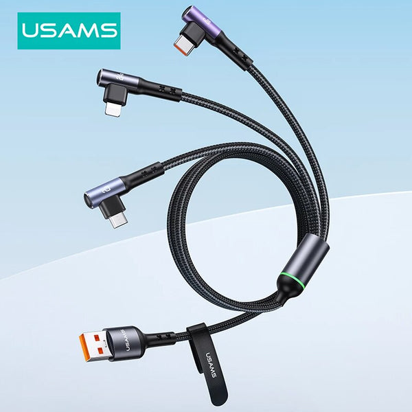 USAMS U80 Right Angle 3 in 1 Micro USB Type C Cable For Macbook iPhone Huawei Xiaomi Samsung Fast Charger 66W USB C Cable