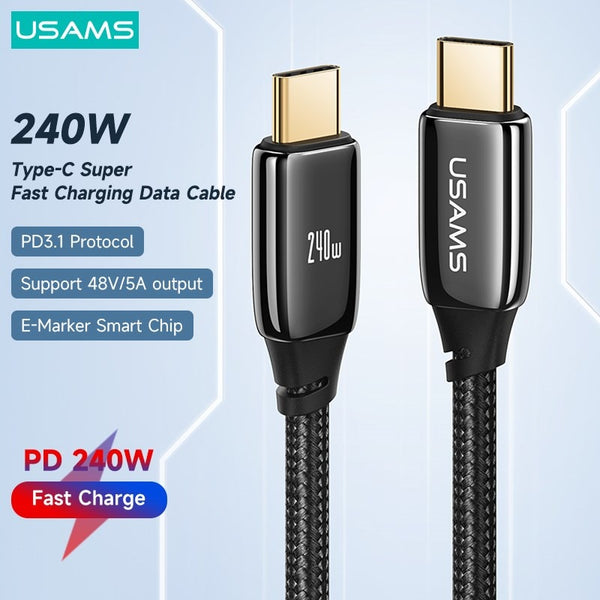 USAMS U82 PD 240W Fast Charging Data Cable For MacBook iPad Air Pro 5A Type C Zinc Alloy Cable For Huawei Xiaomi Samsung OPPO