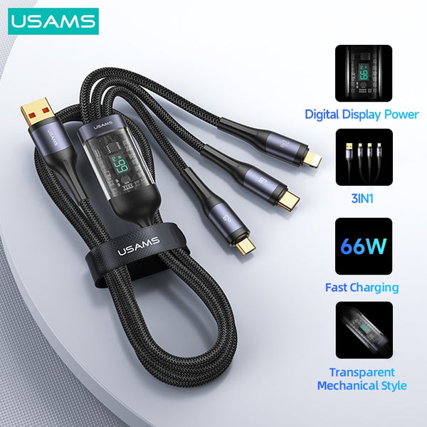 USAMS U83 66W 3 In 1 Digital Display Cable PD QC Fast Charge USB Type C Cable For iPhone 14 13 12 Pro Plus Max Huawei Xiaomi Samsung