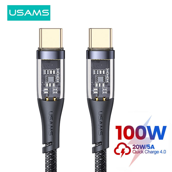 USAMS USB C Cable PD100W Type C to Type C Fast Charging Cable 5A Mobile Phone Cord USB Cable for Samsung MacBook Xiaomi Realme
