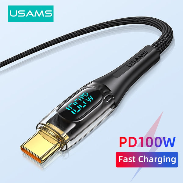 USAMS USB C to USB Type C Cable 100W/66W LED Display Phone Charge Cable 6A PD Fast Charging Core for Macbook Xiaomi Samsung Huawei