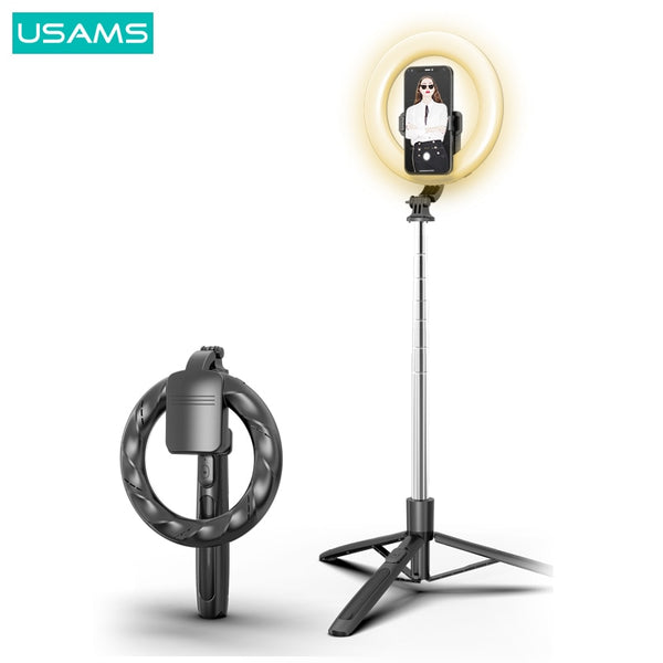 USAMS Wireless Bluetooth Selfie Stick With Led Ring Light Foldable Tripod And Shutter Remote Control For iPhone Android Phones Samsung Xiaomi Huawei
