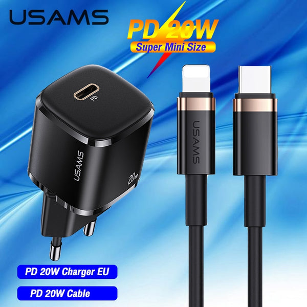 USAMS PD 20W Fast Charger +Type C To Lightning Cable Set For iPhone 12 12 11 Pro Max Mini QC4.0 QC3.0 Quick Charging  Wall Charger
