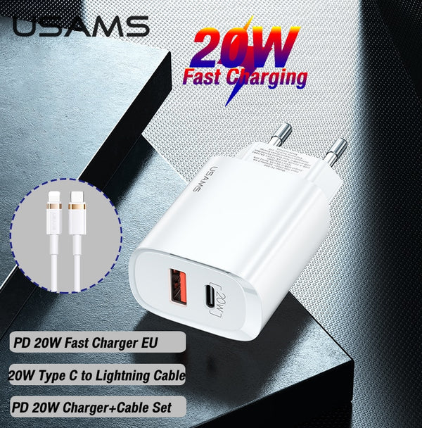 USAMS USB Type C 20W PD Fast Charger With PD Quick Charging Cable Set For Ipad Iphone 12 11 Pro Max Mini 11 8 Huawei Xiaomi Samsung