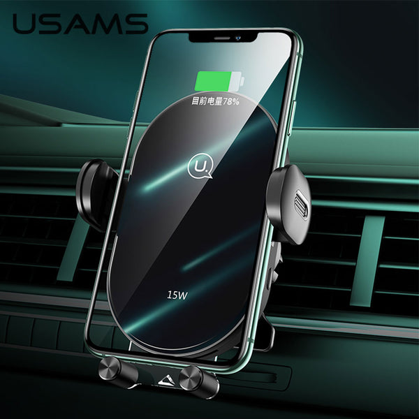 USAMS Wireless Phone Charging Car Holder Automatic Coil Induction Clamp 15W Fast Charge Air Vent Phone Holder Mount  For Iphone Samsung Huawei Xiaomi